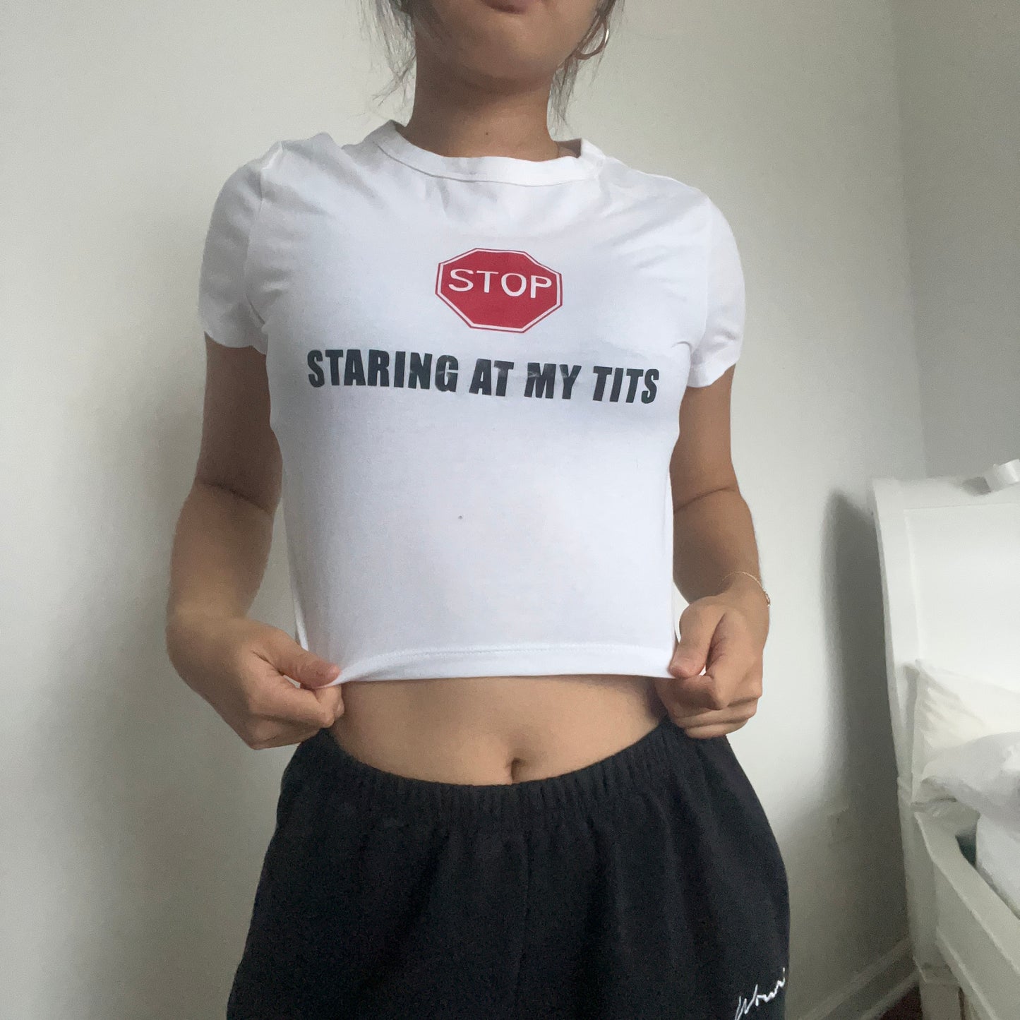 Stop Staring At My Tits Baby Tee - SIZE M