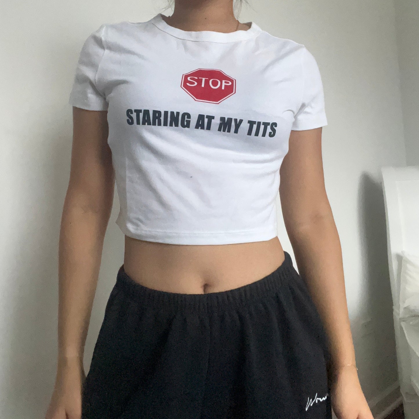 Stop Staring At My Tits Baby Tee - SIZE M